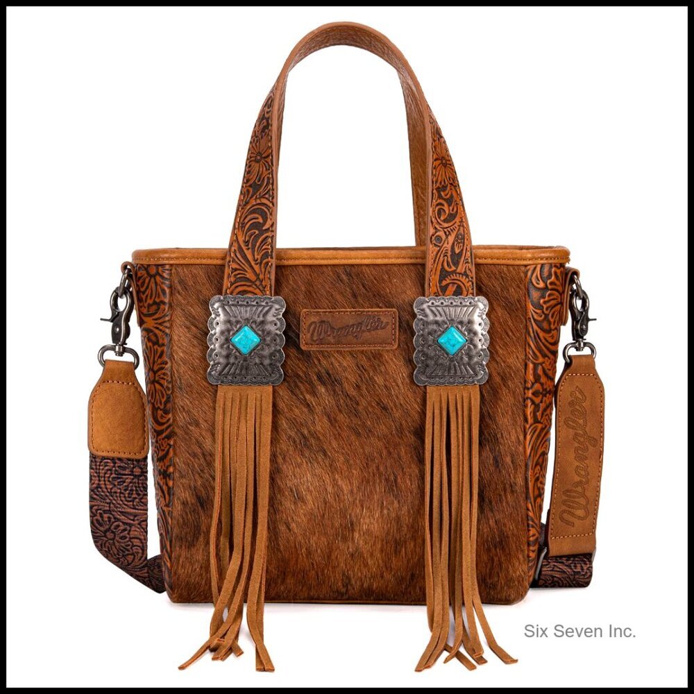 Genuine Hair-On Cowhide Tote Bag with Turquoise Stone Concho